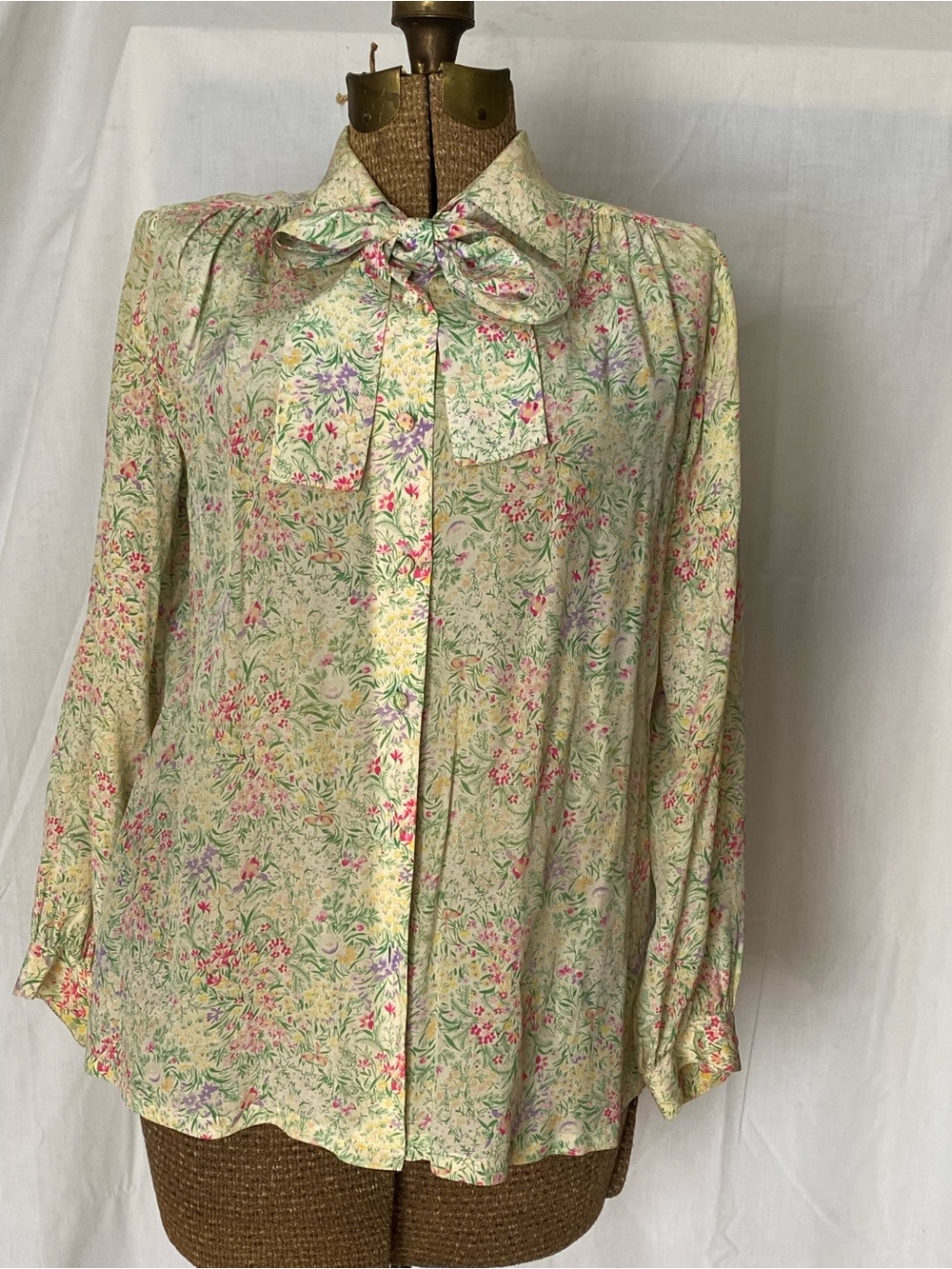 Vintage Silk Floral Tie-Neck Blouse